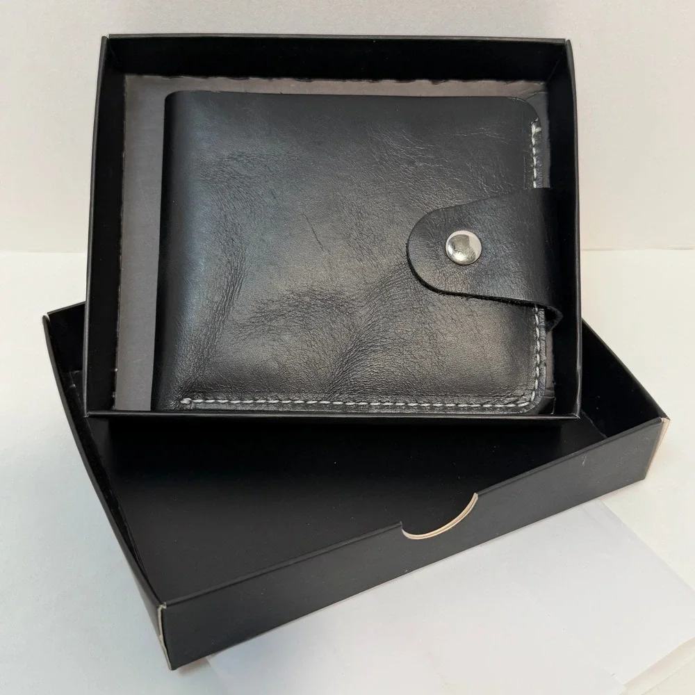 Genuine Black Leather Bifold Wallet with Coin Pocket Snap Closure Made in Turkey